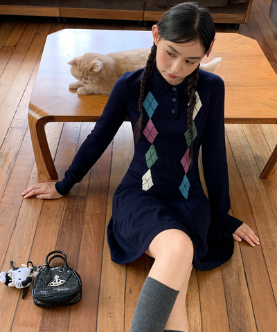 ポロ襟アーガイル柄ニットワンピース