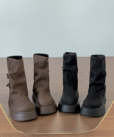 フェイクレザーダブルベルトミドルブーツ