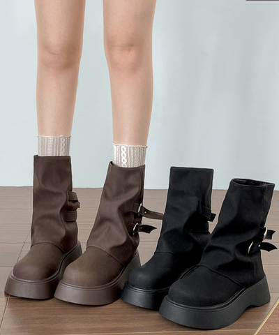フェイクレザーダブルベルトミドルブーツ