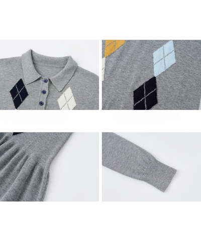 ポロ襟アーガイル柄ニットワンピース