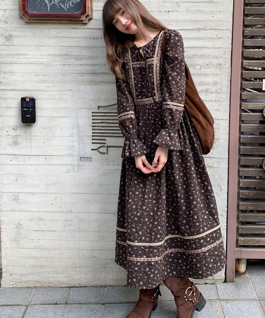 リボン付きラウンドネック民族調ワンピース