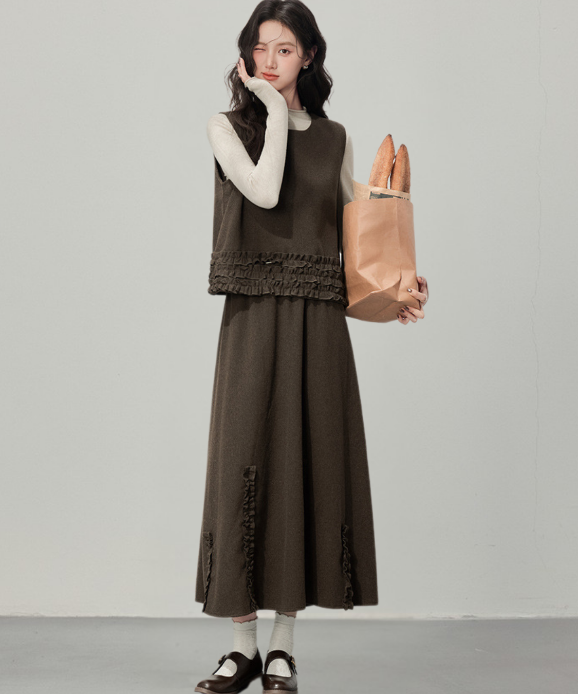 フリルデザインベスト＋カットソー＋フロントフリルスカート 3点セット