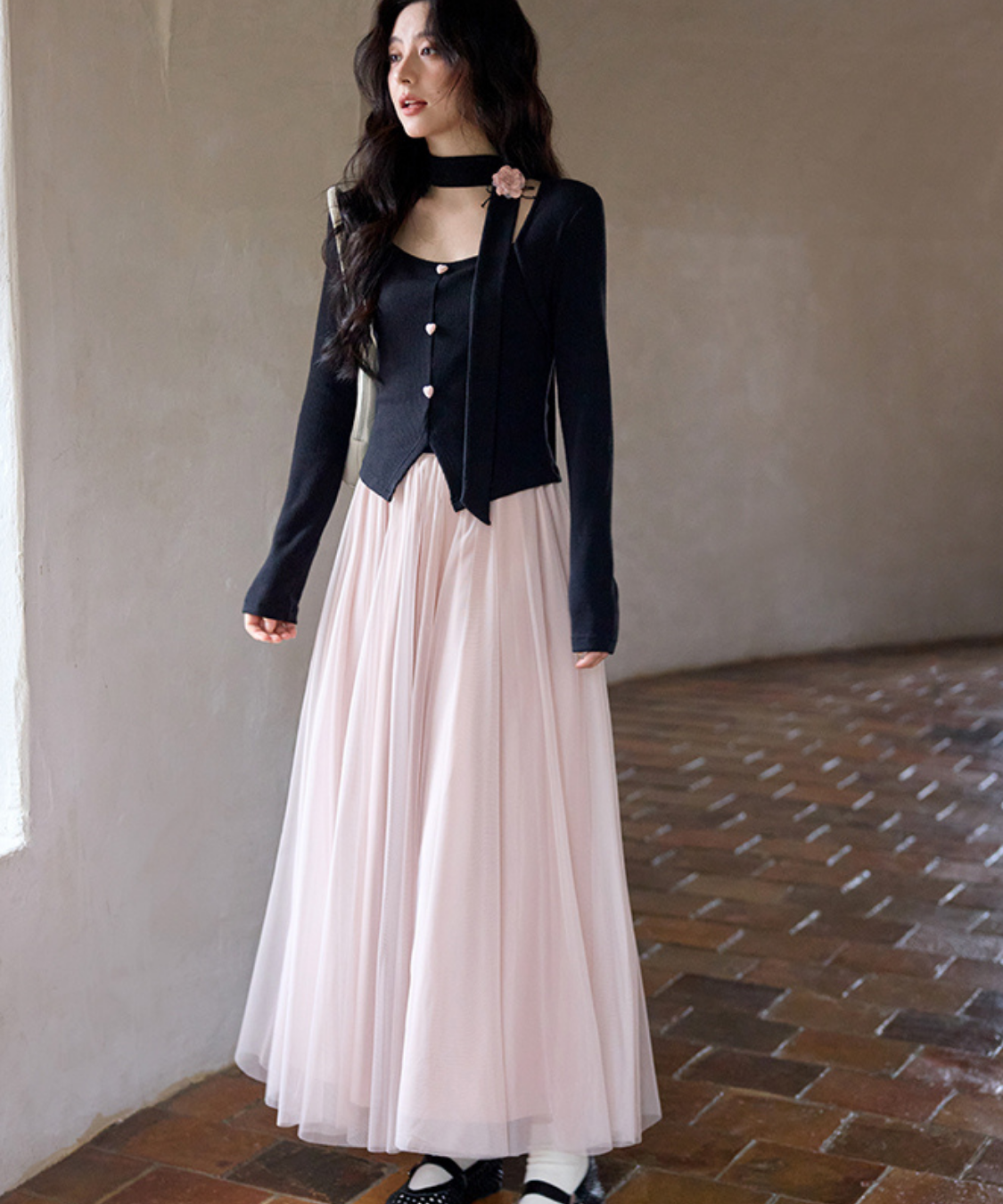 ネックリボンチュール切替ワンピース