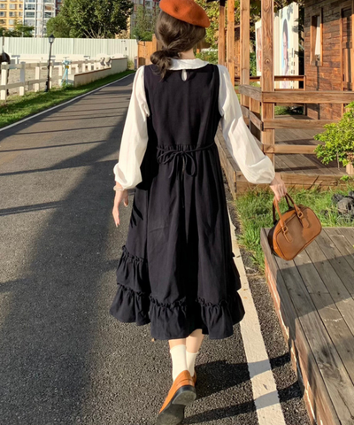 細リボンタイ付きブラウス＋ティアードフリルジャンパースカート 2点セット