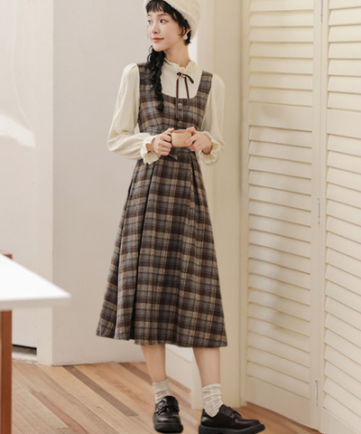 フリルハイネックチェック柄フェイクレイヤードワンピース