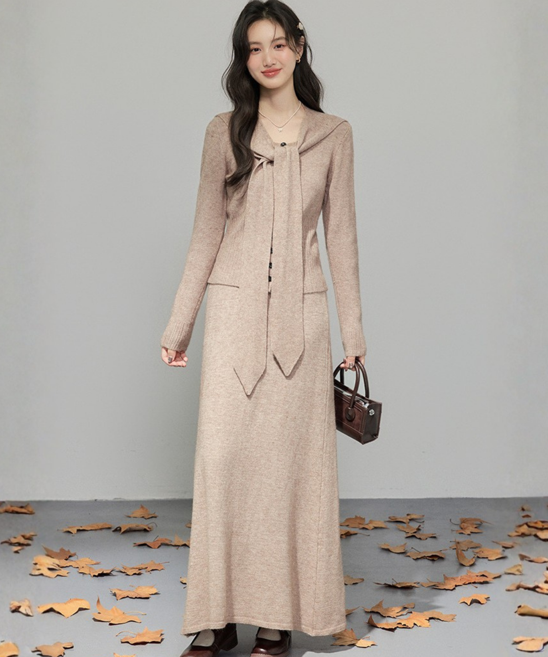 取り外しリボンタイセーラーショール付ニット＋スカート 2点セット