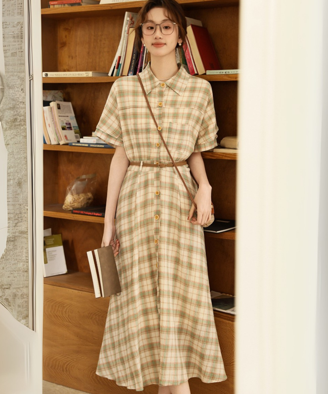 美品✨️ルネ ティシュー シャツワンピース チェック ベルト ブラウン 36 セール】選べる2柄 ネルチェック フレアシャツワンピース（シャツ