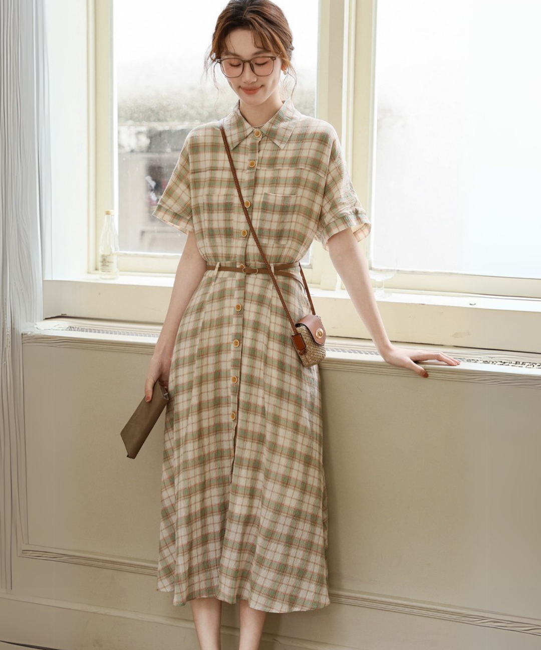 美品✨️ルネ ティシュー シャツワンピース チェック ベルト ブラウン 36 ベルト付きカジュアルチェックシャツワンピース – jemiremi（ジェミレミ）