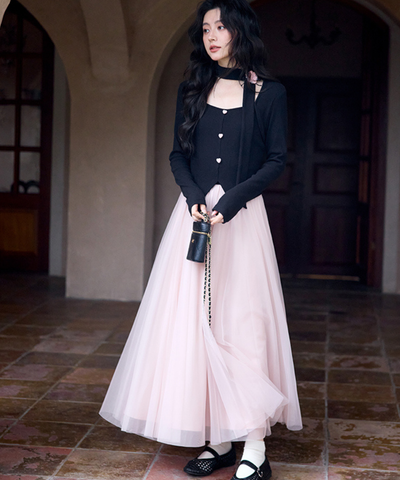 ネックリボンチュール切替ワンピース