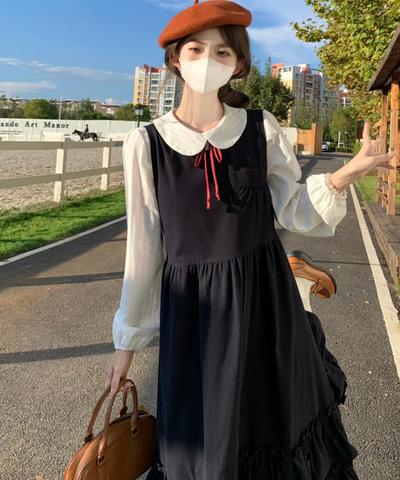 細リボンタイ付きブラウス＋ティアードフリルジャンパースカート 2点セット