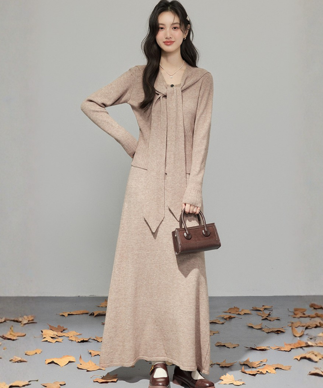 取り外しリボンタイセーラーショール付ニット＋スカート 2点セット