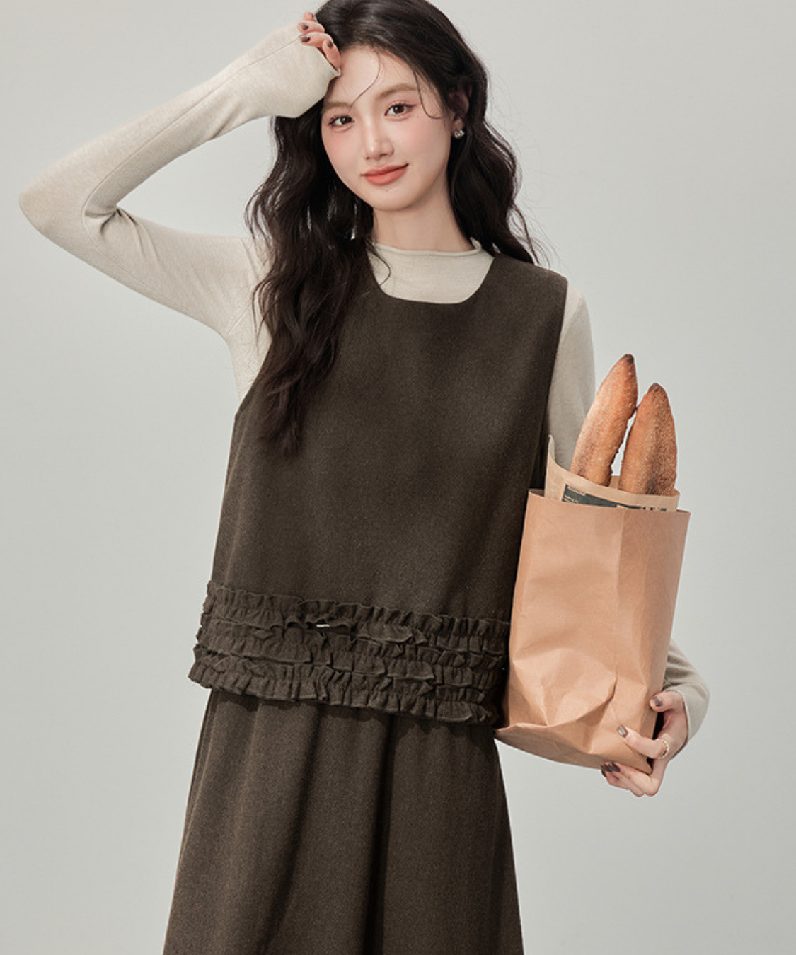 フリルデザインベスト＋カットソー＋フロントフリルスカート 3点セット