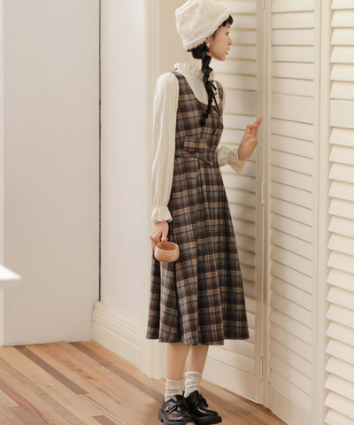 フリルハイネックチェック柄フェイクレイヤードワンピース