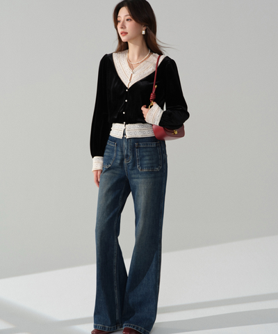 パールボタンレースネックラインベロアブラウス