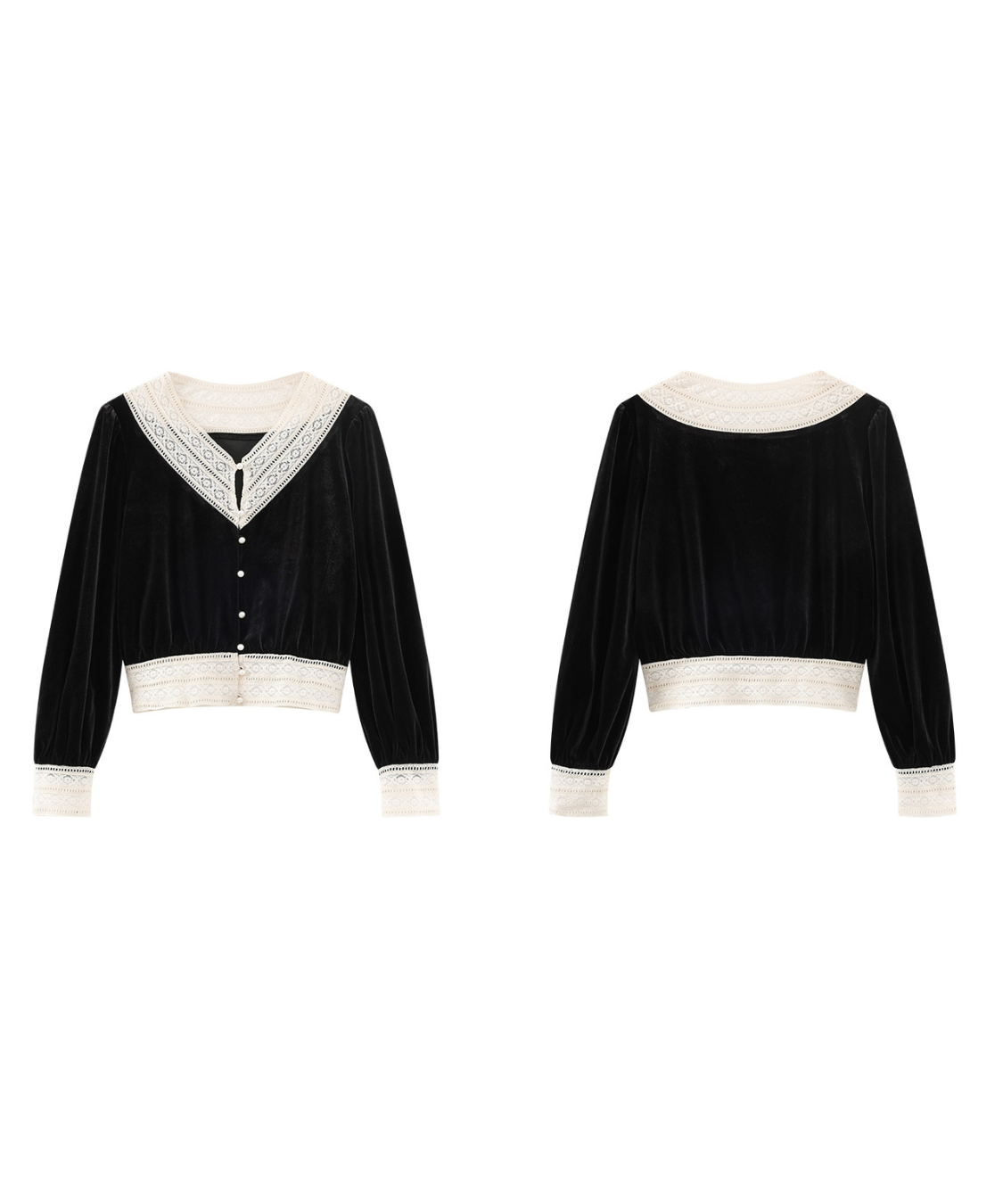 パールボタンレースネックラインベロアブラウス