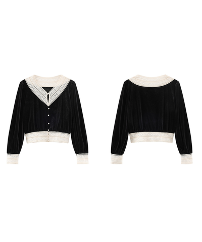 パールボタンレースネックラインベロアブラウス