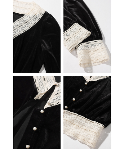 パールボタンレースネックラインベロアブラウス