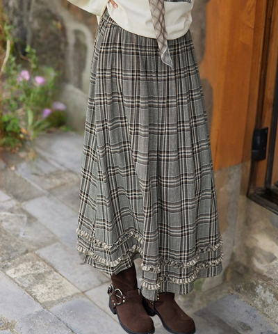 チェック柄Wフリルロングスカート