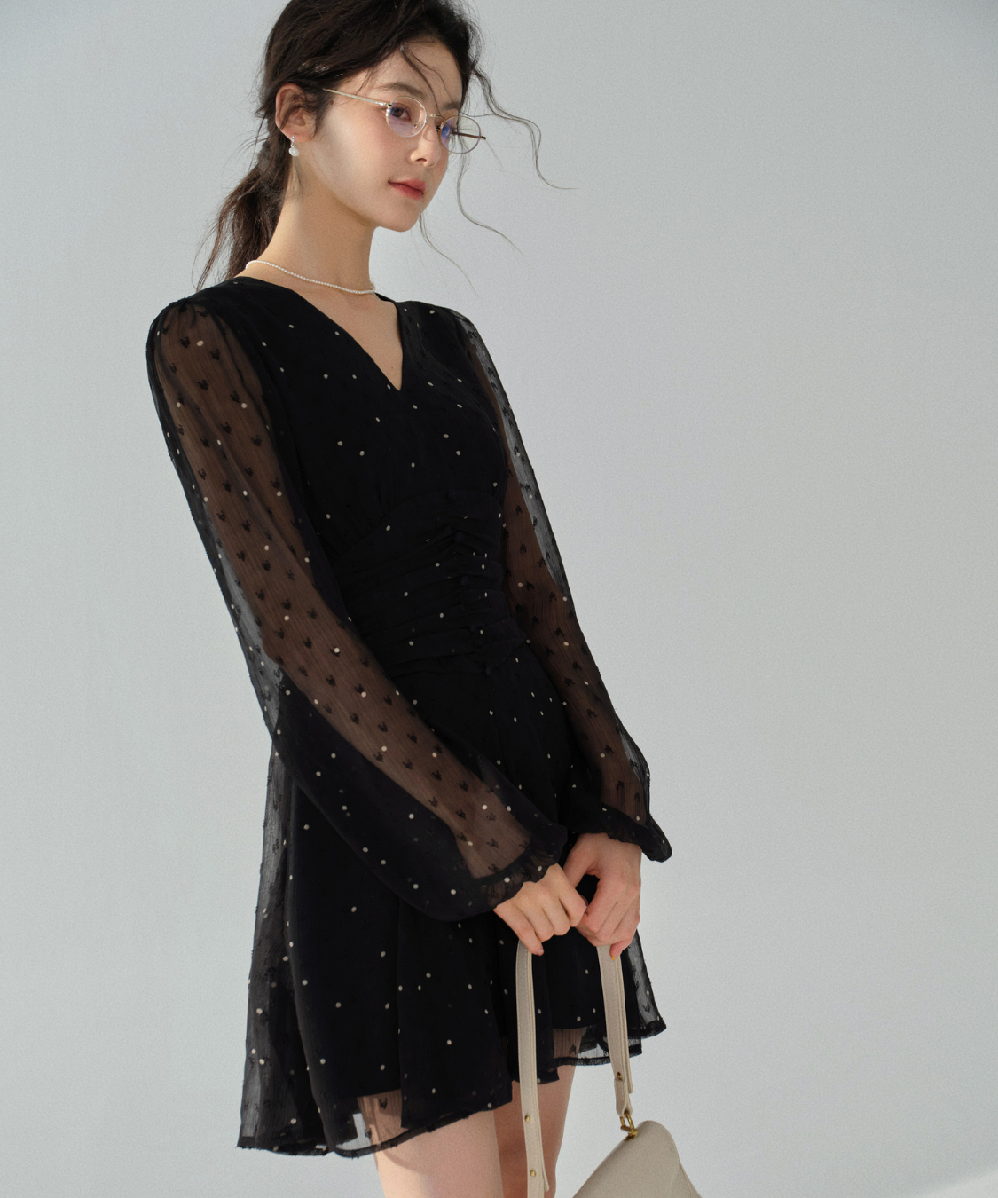 シアードット柄シャーリングワンピース