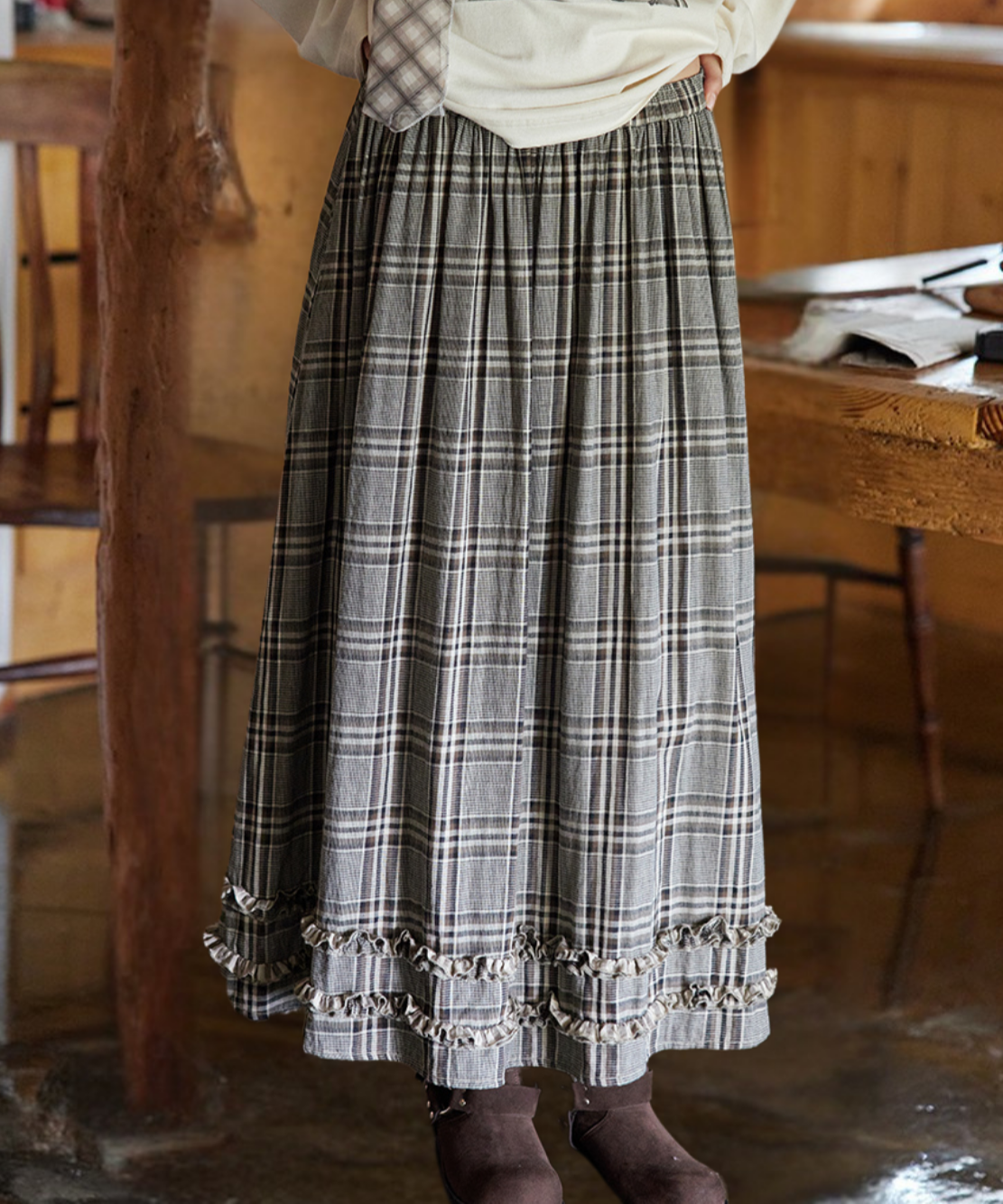 チェック柄Wフリルロングスカート