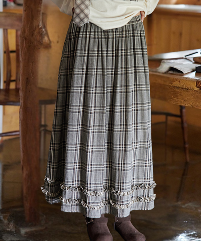 チェック柄Wフリルロングスカート