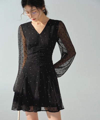 シアードット柄シャーリングワンピース