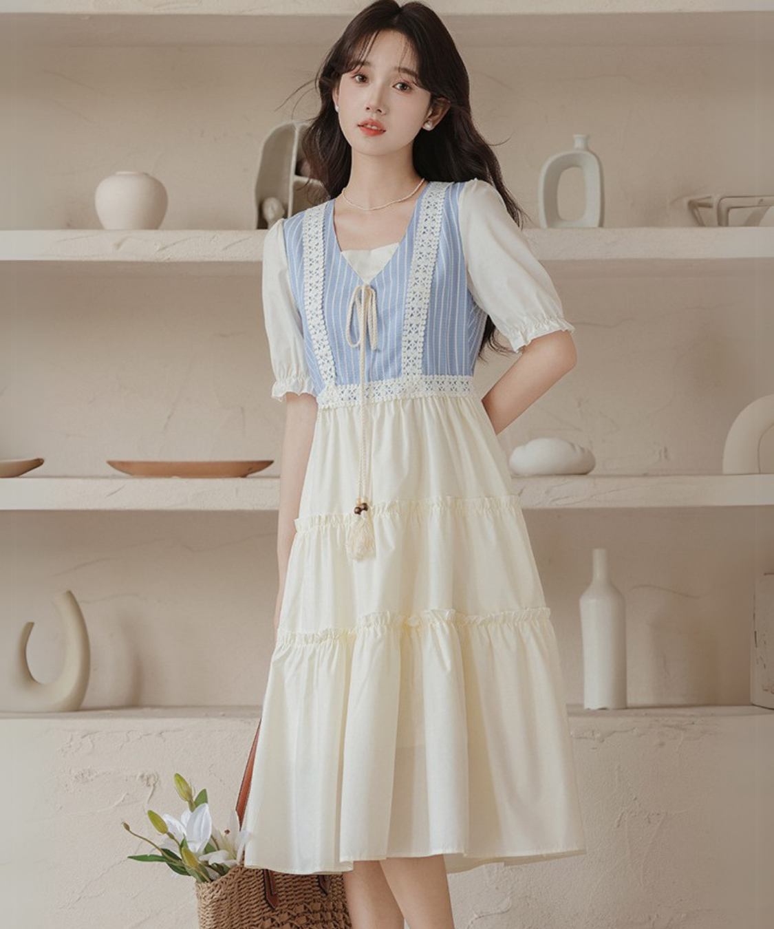 フェイク2ピースパフスリーブティアードワンピース