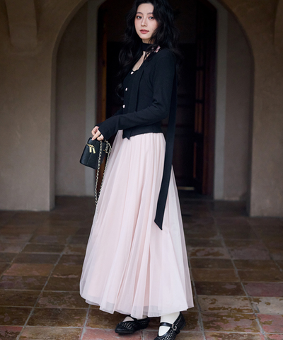 ネックリボンチュール切替ワンピース