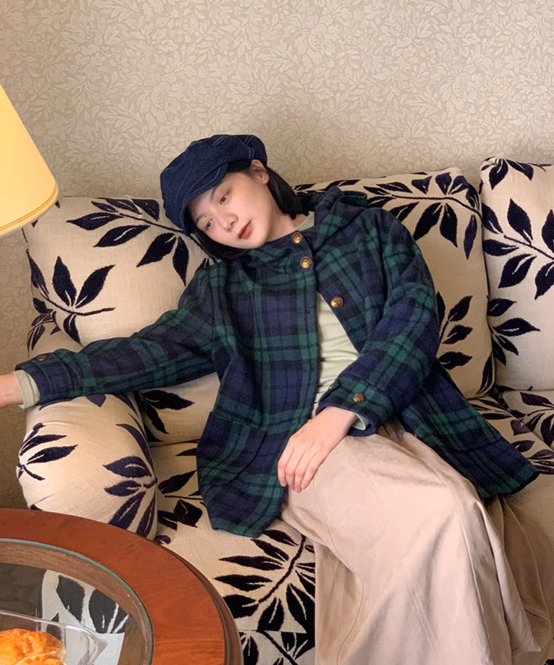 フード付きダークグリーンレトロチェックコート – jemiremi