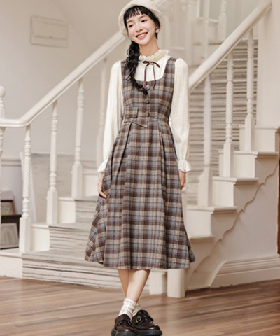 フリルハイネックチェック柄フェイクレイヤードワンピース