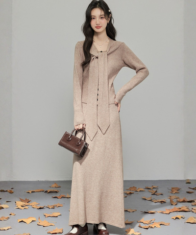 取り外しリボンタイセーラーショール付ニット＋スカート 2点セット