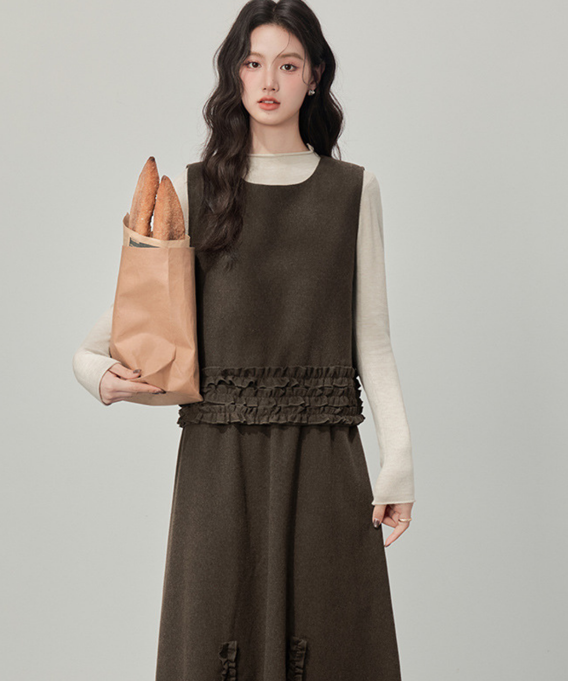 フリルデザインベスト＋カットソー＋フロントフリルスカート 3点セット