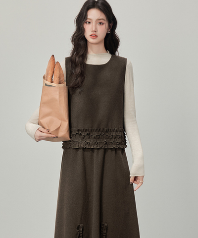 フリルデザインベスト＋カットソー＋フロントフリルスカート 3点セット