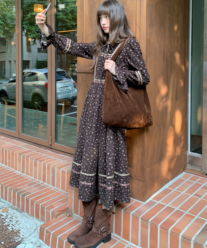 リボン付きラウンドネック民族調ワンピース – jemiremi（ジェミレミ）