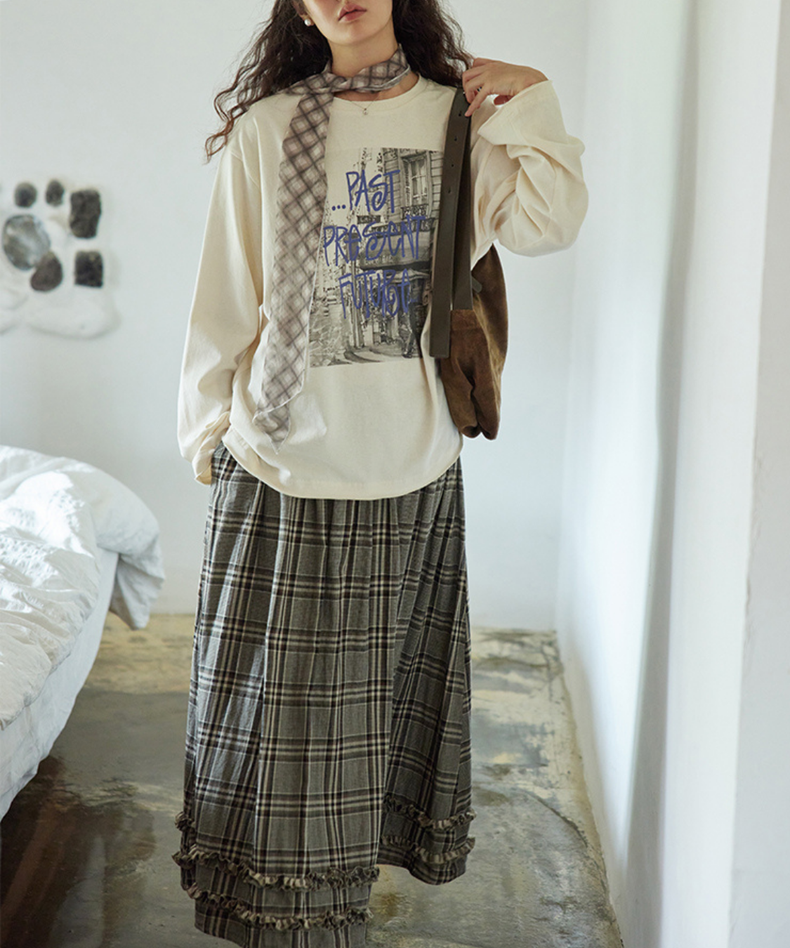 チェック柄フリル袖ロングスカート セール】チェック柄フリルティアードロングスカート（スカート