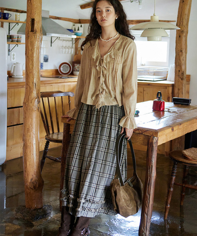 チェック柄フリル袖ロングスカート チェック柄Wフリルロングスカート– jemiremi（ジェミレミ）