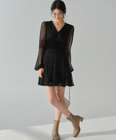 シアードット柄シャーリングワンピース