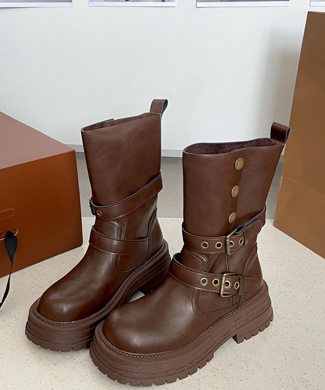 ダブルベルト厚底ミドルブーツ