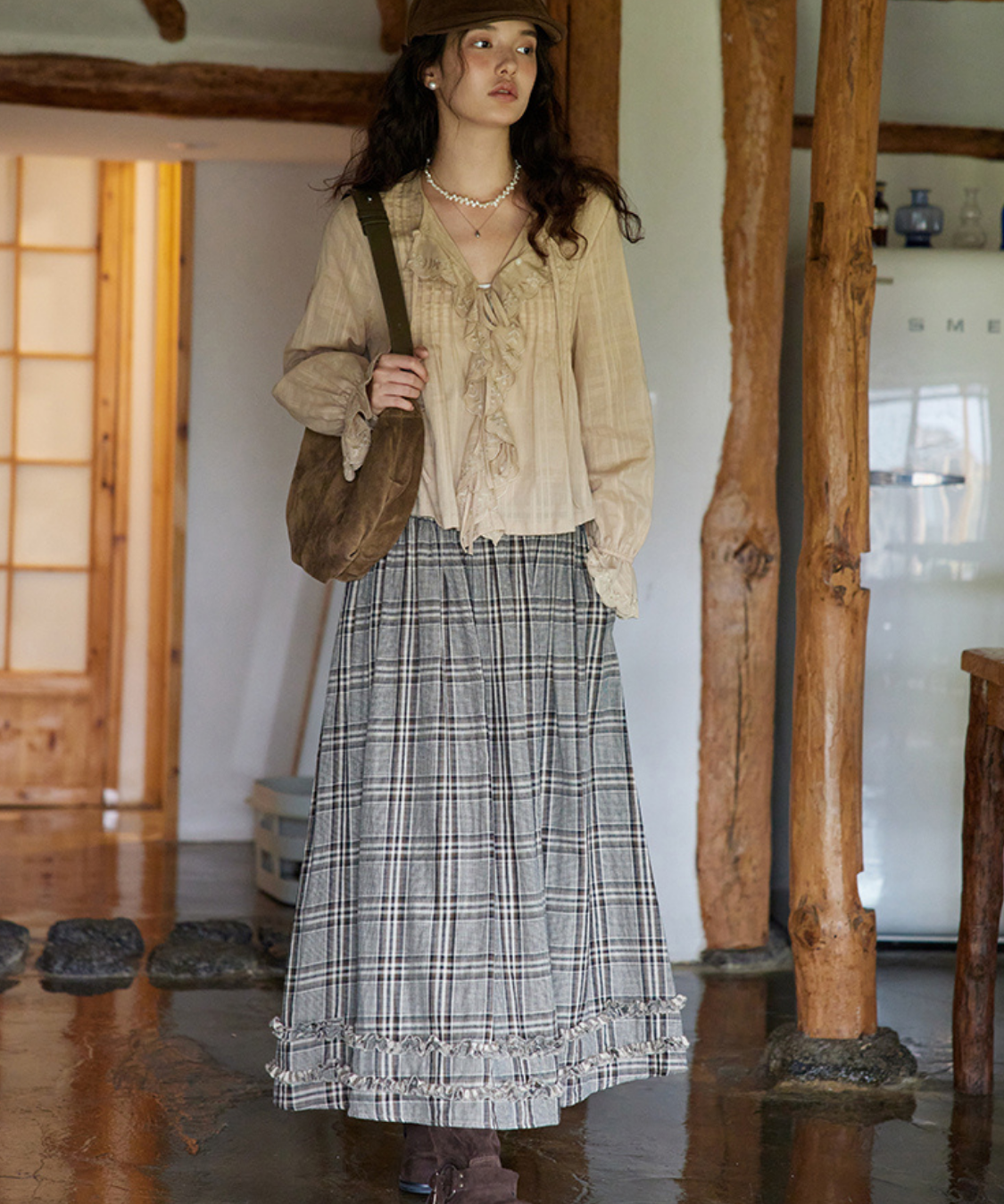 チェック柄Wフリルロングスカート