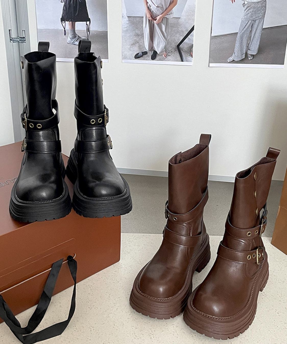 ダブルベルト厚底ミドルブーツ