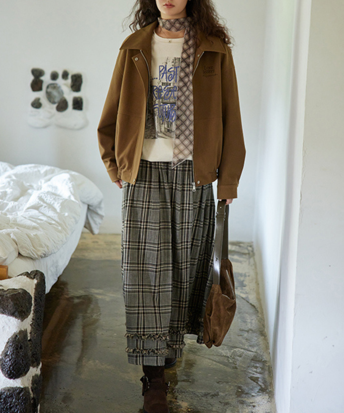 チェック柄Wフリルロングスカート