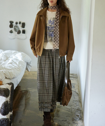 チェック柄Wフリルロングスカート
