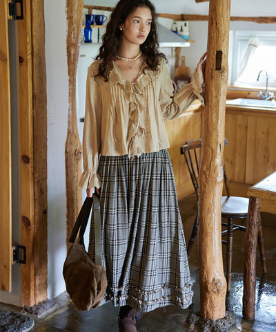 チェック柄Wフリルロングスカート