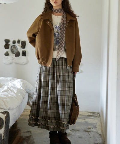 チェック柄Wフリルロングスカート