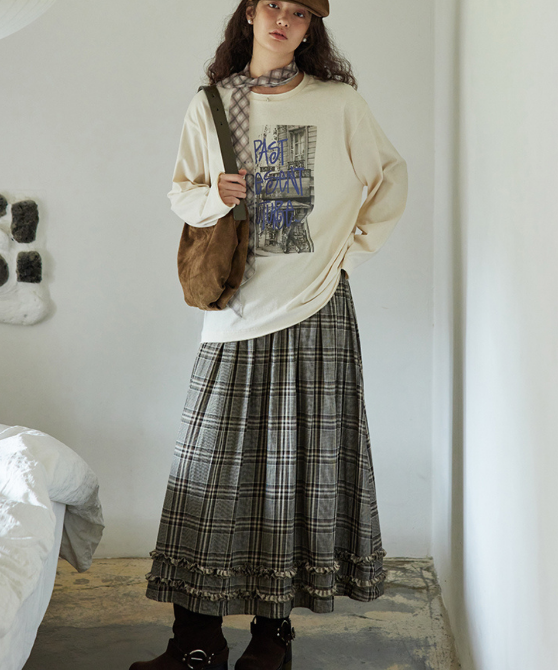 チェック柄Wフリルロングスカート