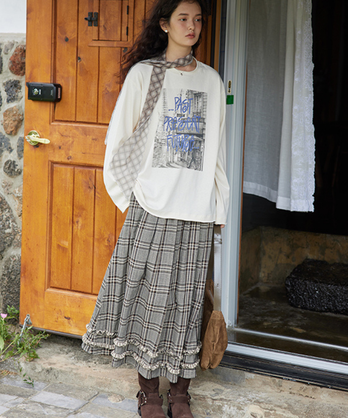 チェック柄フリル袖ロングスカート セール】チェック柄フリルティアードロングスカート（スカート