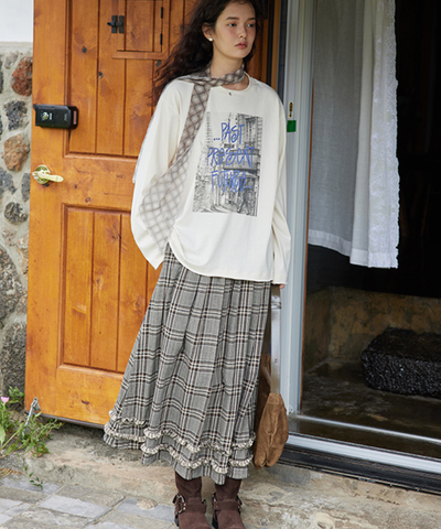 チェック柄Wフリルロングスカート