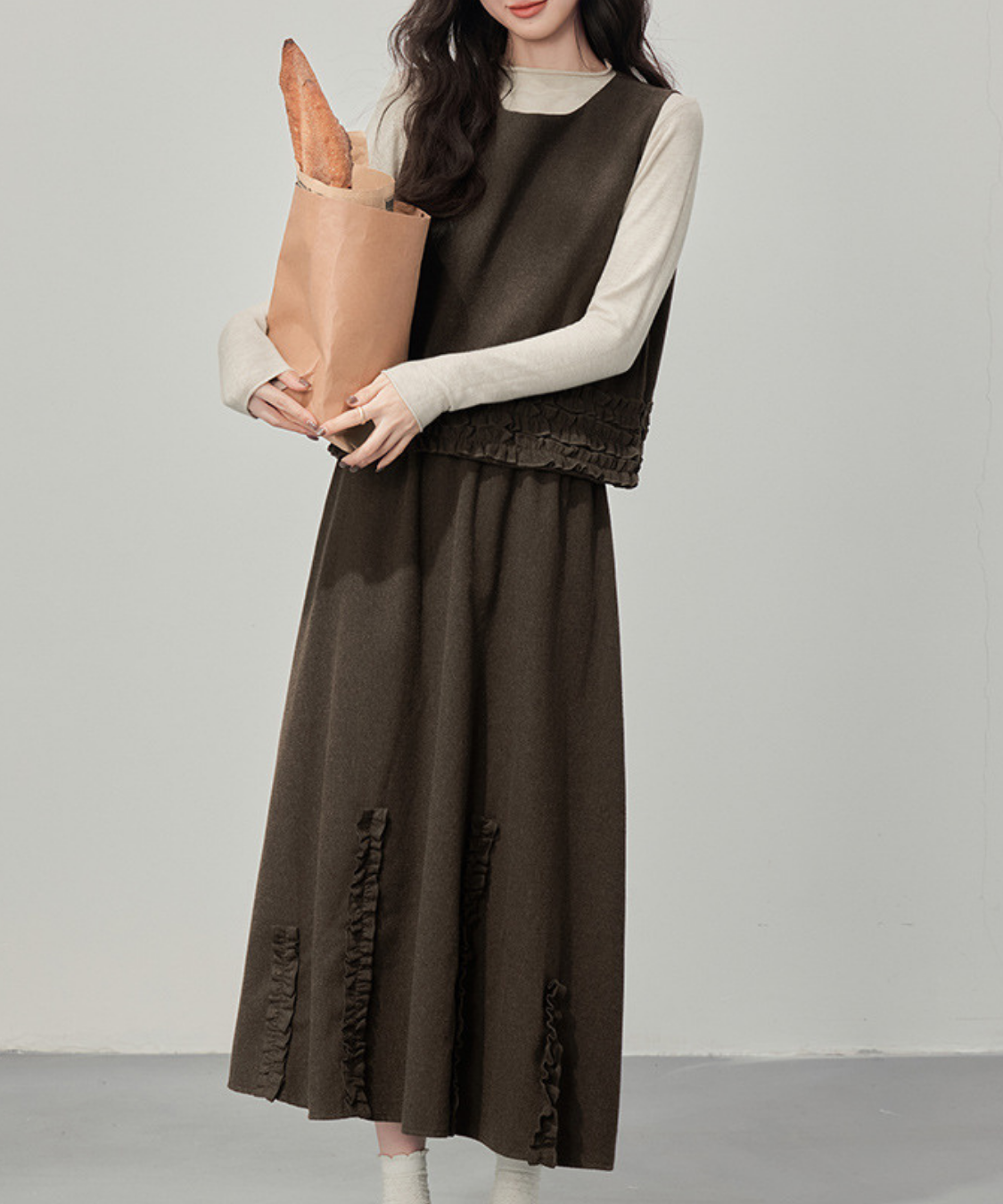 フリルデザインベスト＋カットソー＋フロントフリルスカート 3点セット