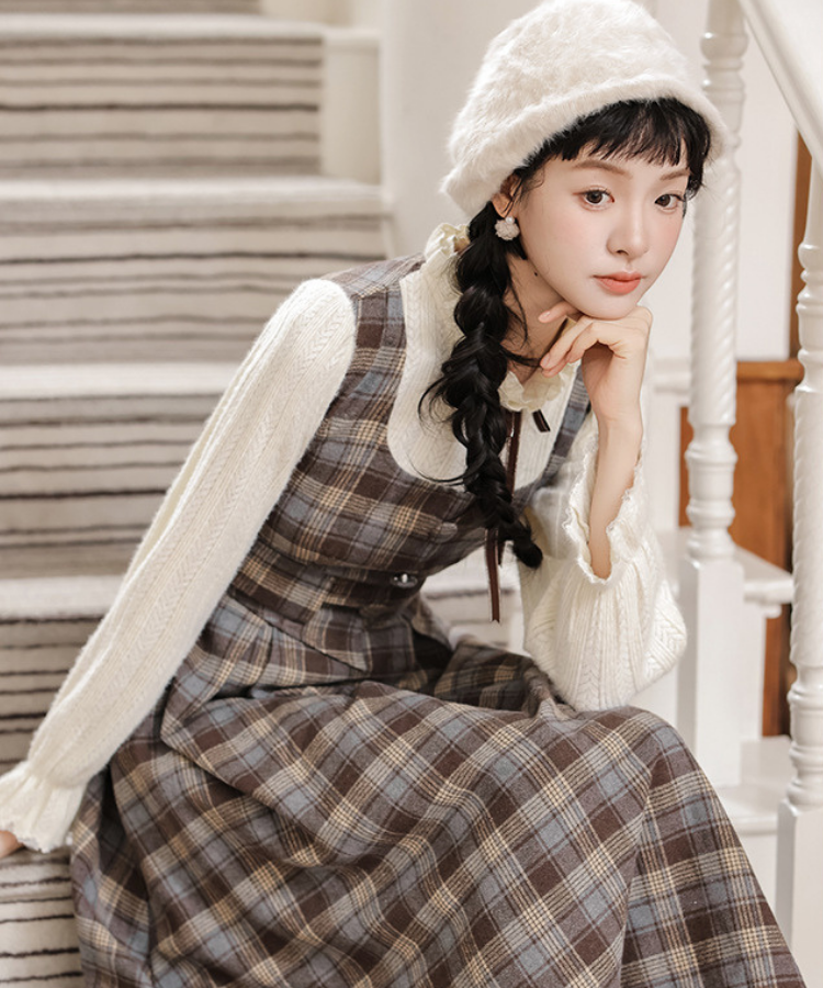 フリルハイネックチェック柄フェイクレイヤードワンピース