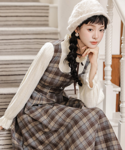 フリルハイネックチェック柄フェイクレイヤードワンピース